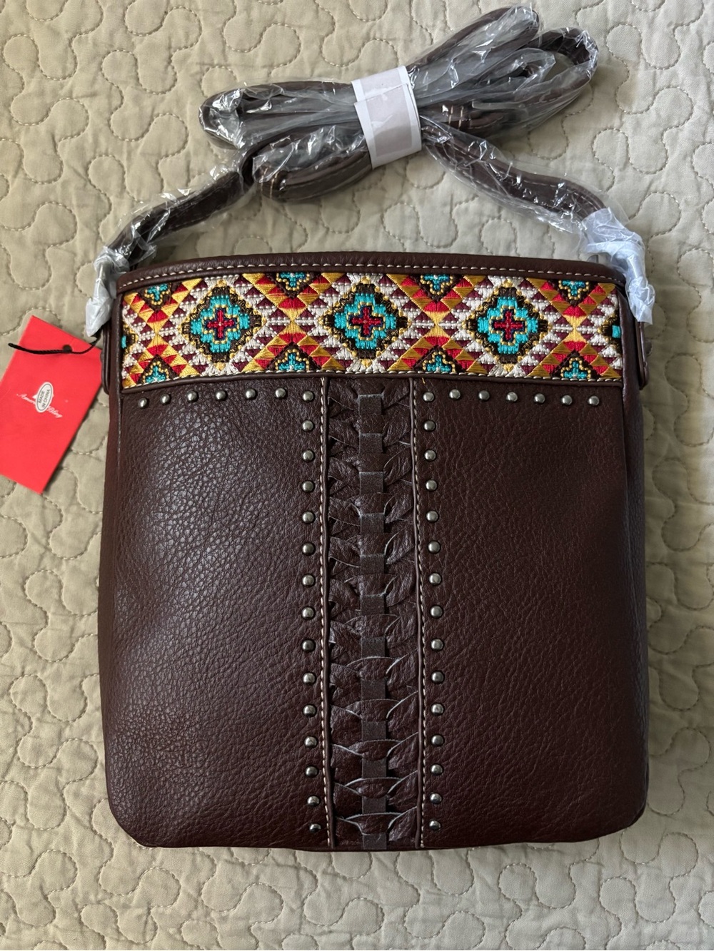 Brown Crossbody Bag with Colorful Beaded Trim